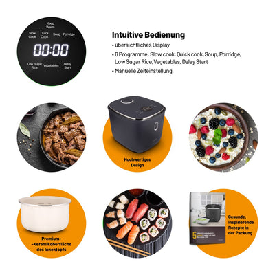 Lauben Low Sugar Reiskocher Rice Cooker mit Low-Sugar-Funktion, 3l Volumen, 6 modi, verzögerter Start, Warmhalten, Antihaft-Keramikoberfläche spülmaschinengeeignet, Kochbuch, Überlaufschutz (Antracit)