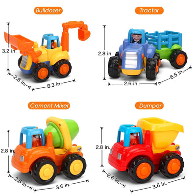 MOONTOY Baby Spielzeugauto Bagger Konstruktionsfahrzeuge Baufahrzeuge 4 in einem Set für Kinder, Traktor, Bulldozer, Kipper & Zementmischer