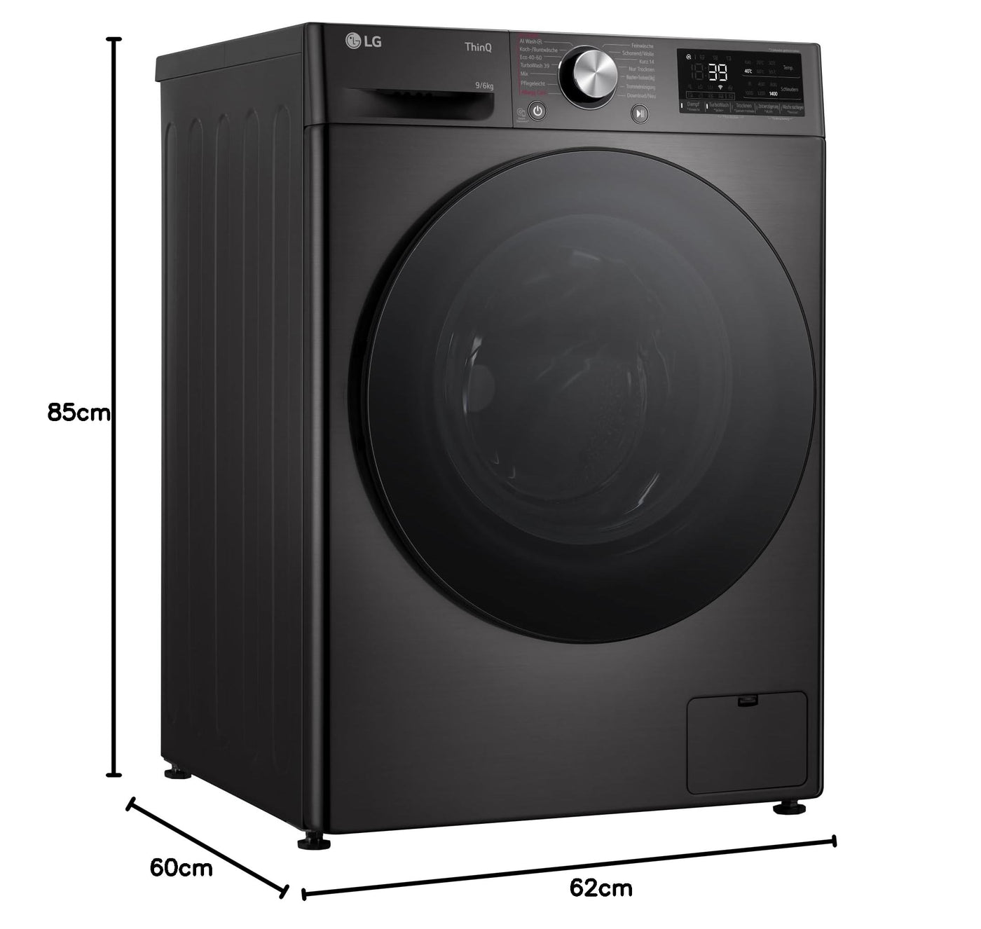 LG W4WR7096YB, Klasse D, Frontlader-Waschtrockner 9 - 6 kg, 62 x 60 x 85 cm, Wi-Fi, AI Direct Drive, Tiefenreinigung mit Dampf, TurboWash 360, Große Kapazität, Außentür aus gehärtetem Glas, Weiß