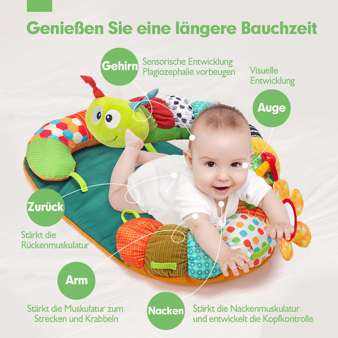 hahaland Baby Spielzeug 3 6 9 12 Monate,3 in 1 Abnehmbar Raupe für Baby Bauchlage Helfen Sitzen Stützen,Tummy Time Toys Spielkissen mit Rassel, Beißring, Spiegel für Babyspielzeug ab 0-6-12 Monate