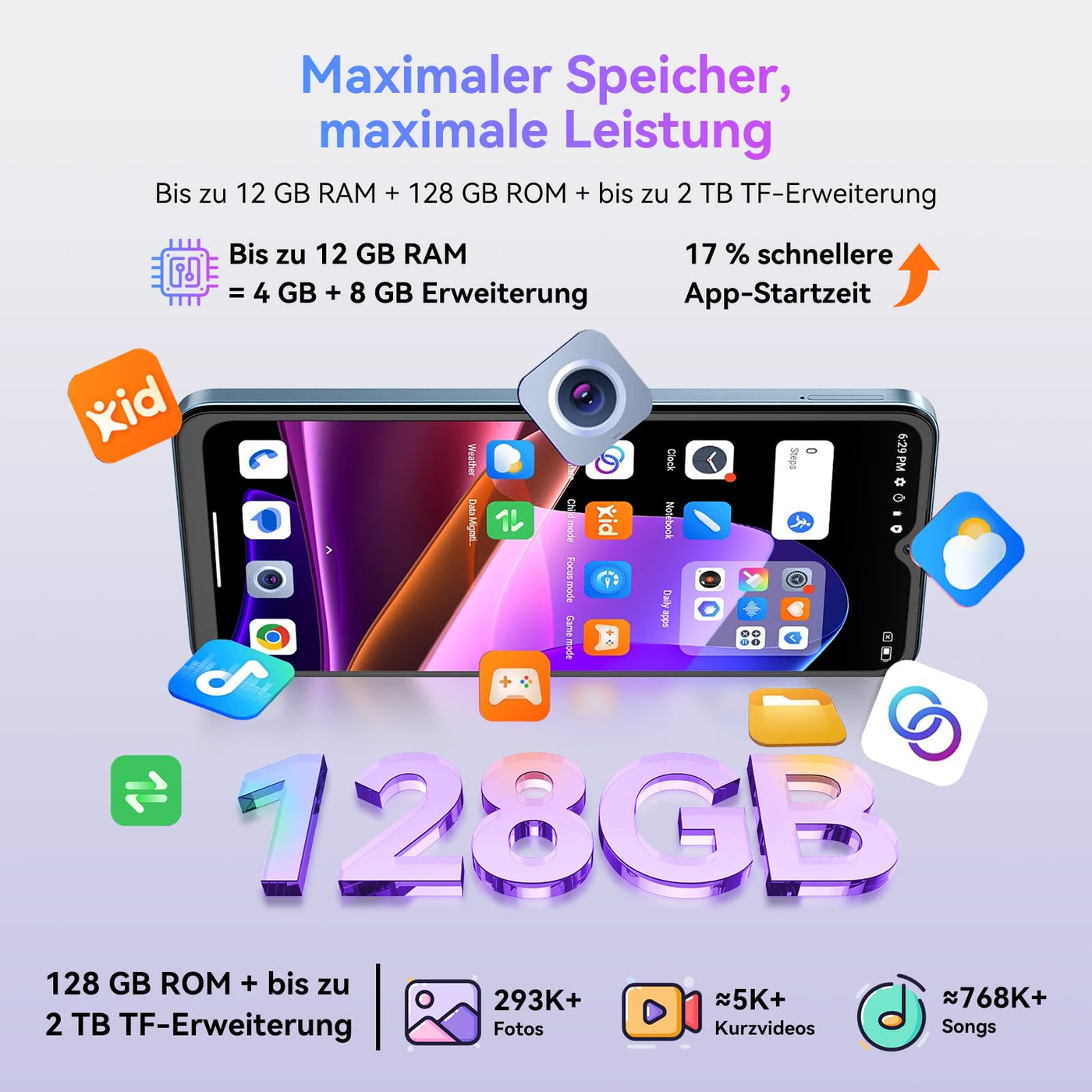 OSCAL Flat 2 Handy Ohne Vertrag, Android 15, 12GB+128GB/2TB TF Handy Günstig, 6.56'' HD+ 90Hz Smartphone Ohne Vertrag, 13MP+8MP, 5000mAh, Dual SIM/OTG/GPS/Fingerabdruck/Gemini AI/2 Jahre Garantie