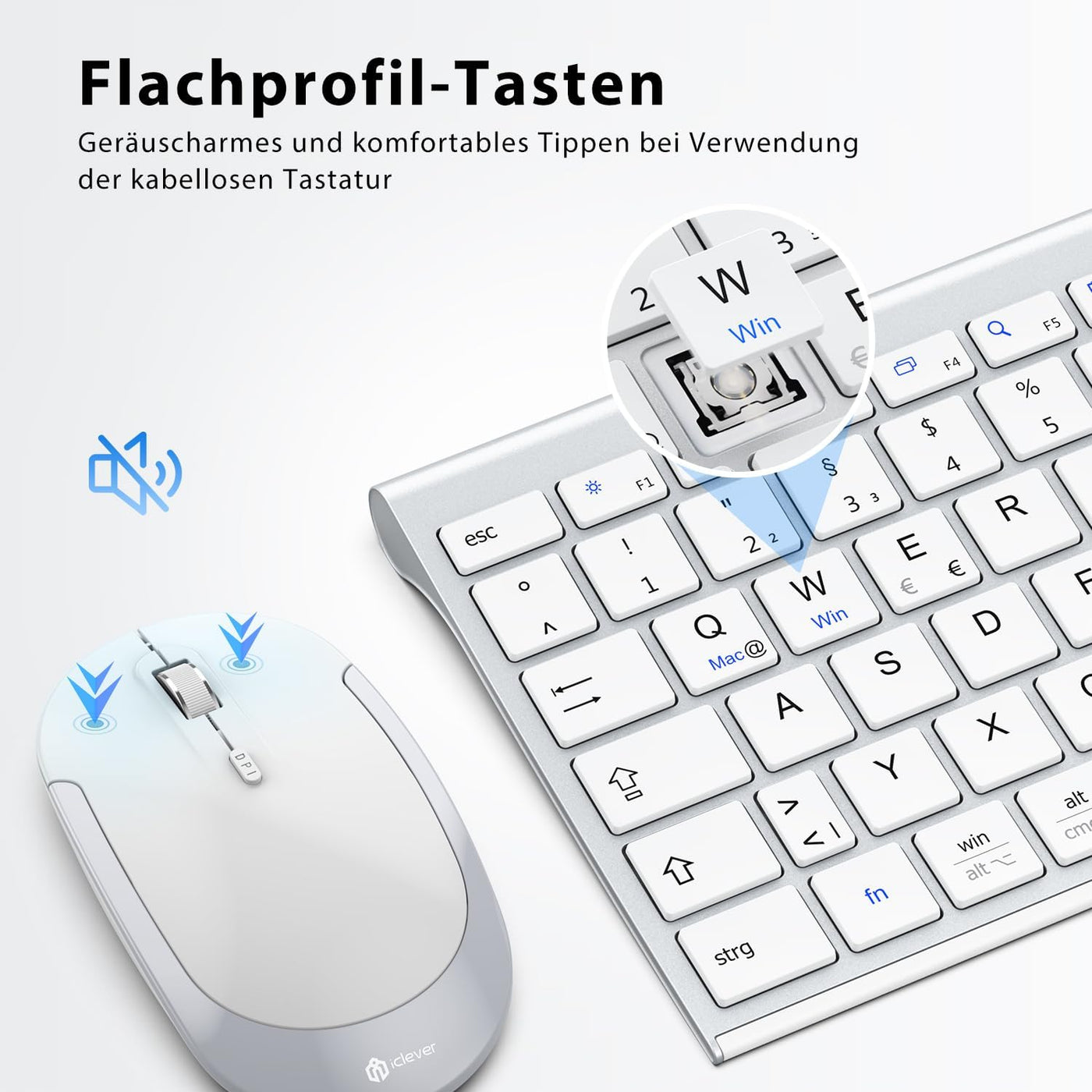 iClever kabellose Tastatur und Maus Set, 2.4G kabellose Tastatur und Maus, USB-C wiederaufladbar, Originalgröße, schlanke, dünne und widerstandsfähige Tastatur für Windows 7/8/10, Mac OS