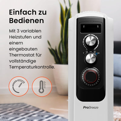 Pro Breeze Tragbarer Ölradiator, 8 Elemente, 2000 W, mit 3 Heizleistungen, einstellbarer Thermostat, 24-Stunden-Timer, energiesparende elektrische Heizung