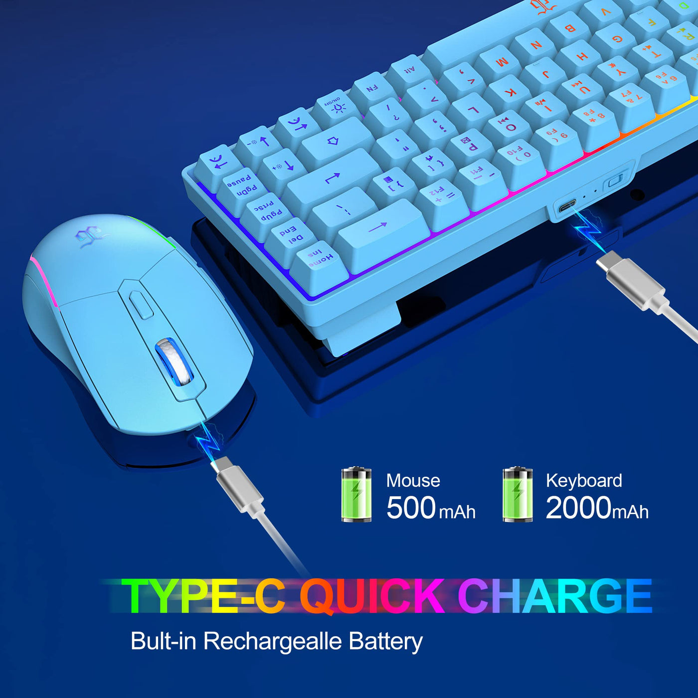 Snpurdiri 60% Tastatur Maus Set Kabellos, LED-Beleuchtung, wiederaufladbare 2000mAh Batterie Small Mini 60 Prozent Wireless Gaming Combo, Ergonomisches Design 6D 3200DPI Maus (Blau)