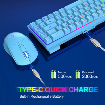 Snpurdiri 60% Tastatur Maus Set Kabellos, LED-Beleuchtung, wiederaufladbare 2000mAh Batterie Small Mini 60 Prozent Wireless Gaming Combo, Ergonomisches Design 6D 3200DPI Maus (Blau)
