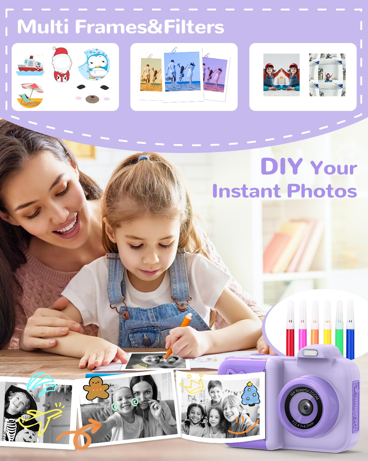 JoJoego Kinderkamera Sofortbildkamera, 2,4-Zoll 24MP Kinder Digitalkamera mit Selfie,1080P HD Dual-Kamera, 32GB Speicherkarte, 5 Rollen Druckerpapier, Geschenk für Kinder von 3-12 Jahren, Lila