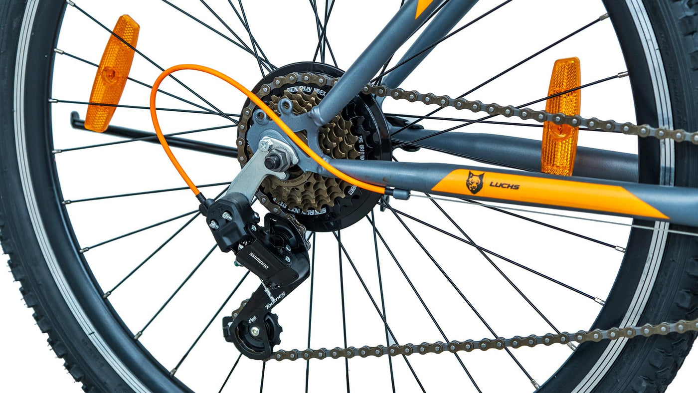 LUCHS "Kaku & Titan Mountainbike, MTB Jungen und Herrenfahrrad Vielseitiges Fahrrad mit 24", 26", 27.5" oder 29" und Federgabel (Silber/Orange, 24" Zoll (V-Brake))