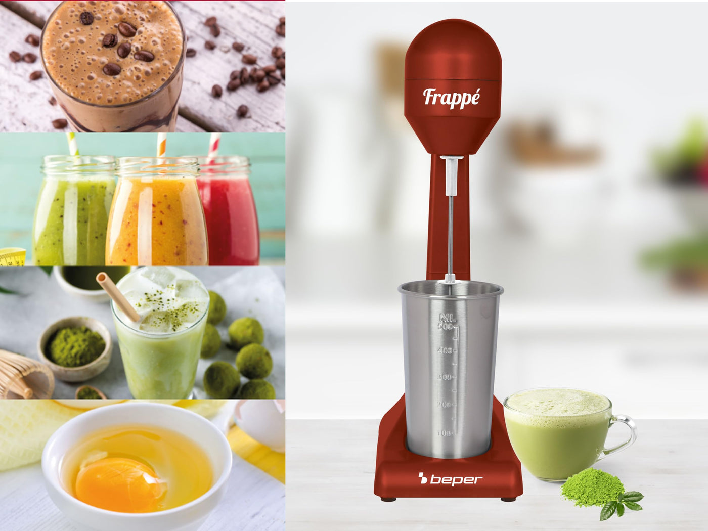 Beper - Elektrischer Standmixer für Milchshakes, Frappés, Smoothies und Cocktails, 2-Gänge, Aluminiumbehälter 0,5 l, 100 W , Rot