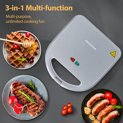 Aigostar Sandwich maker 3 in 1, Sandwich Maker, Kontaktgrill, Waffeleisen 3 in 1, 750W, Antihaftbeschichtete abnehmbare Platten, wärmeisolierter Griffe, Grau, Grace