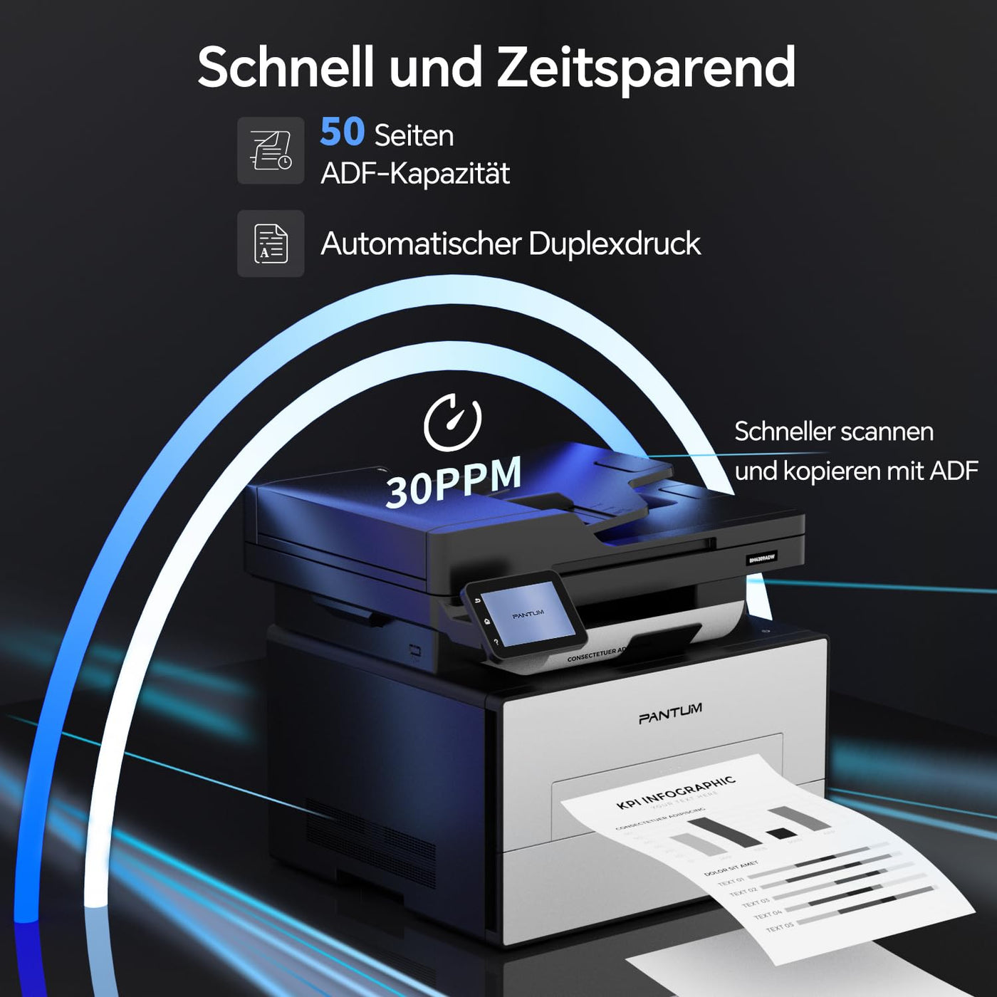 PANTUM BM4309ADW Multifunktionsdrucker Laserdrucker Schwarz Weiss, Automatischer Duplexdruck, Drucker Scanner Kopierer mit ADF, WLAN/LAN/USB, 3,5-Zoll-Touchscreen, 30ppm
