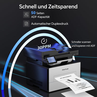PANTUM BM4309ADW Multifunktionsdrucker Laserdrucker Schwarz Weiss, Automatischer Duplexdruck, Drucker Scanner Kopierer mit ADF, WLAN/LAN/USB, 3,5-Zoll-Touchscreen, 30ppm