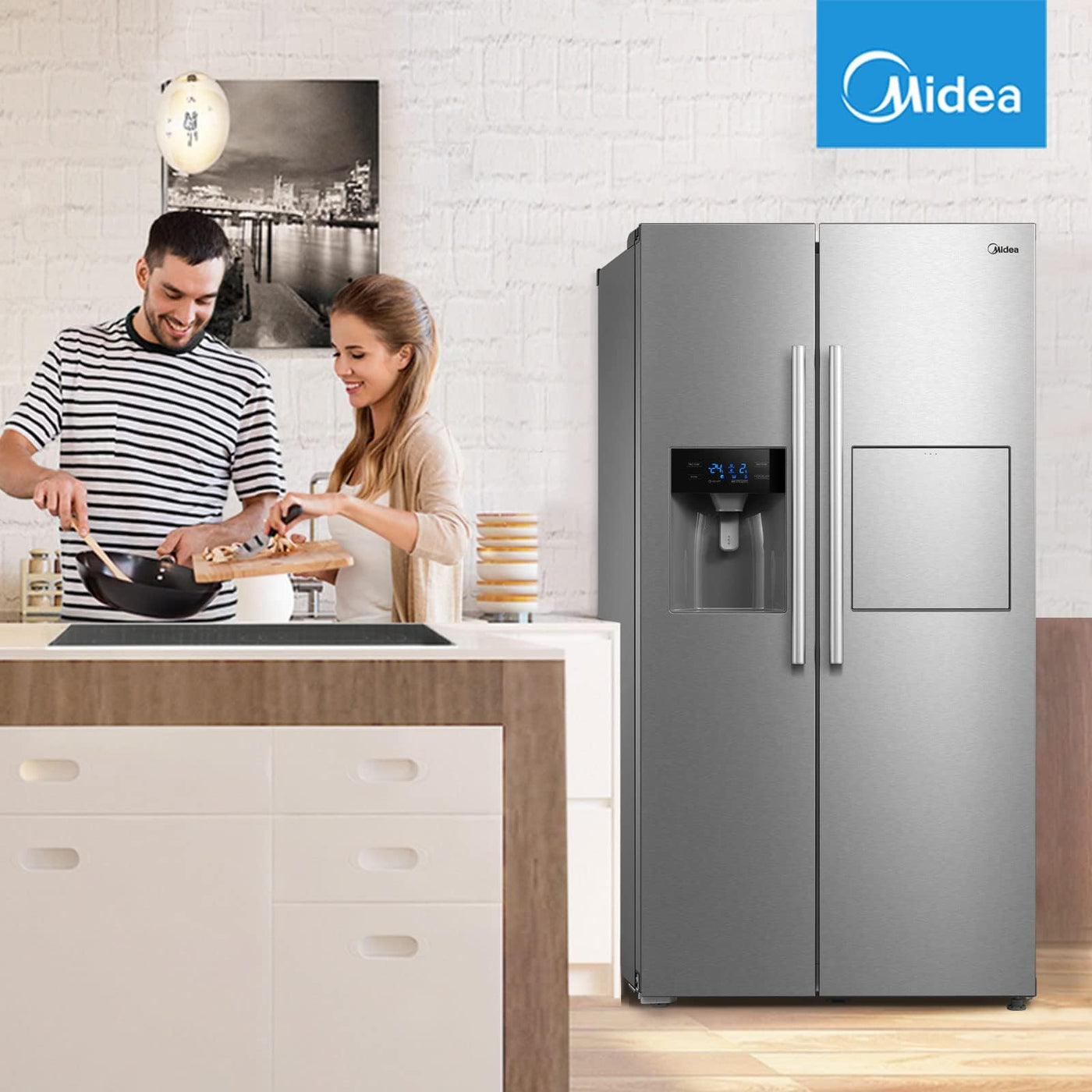 Midea KS-EIX 6.23 Side-by-Side Kühl-/Gefrierkombination/176,5 cm hoch/No Frost/Inverter Compressor/mit Barfach/Wasser-/Eisspender mit Festwasseranschluss/Twin Control, Rostfreier Stahl