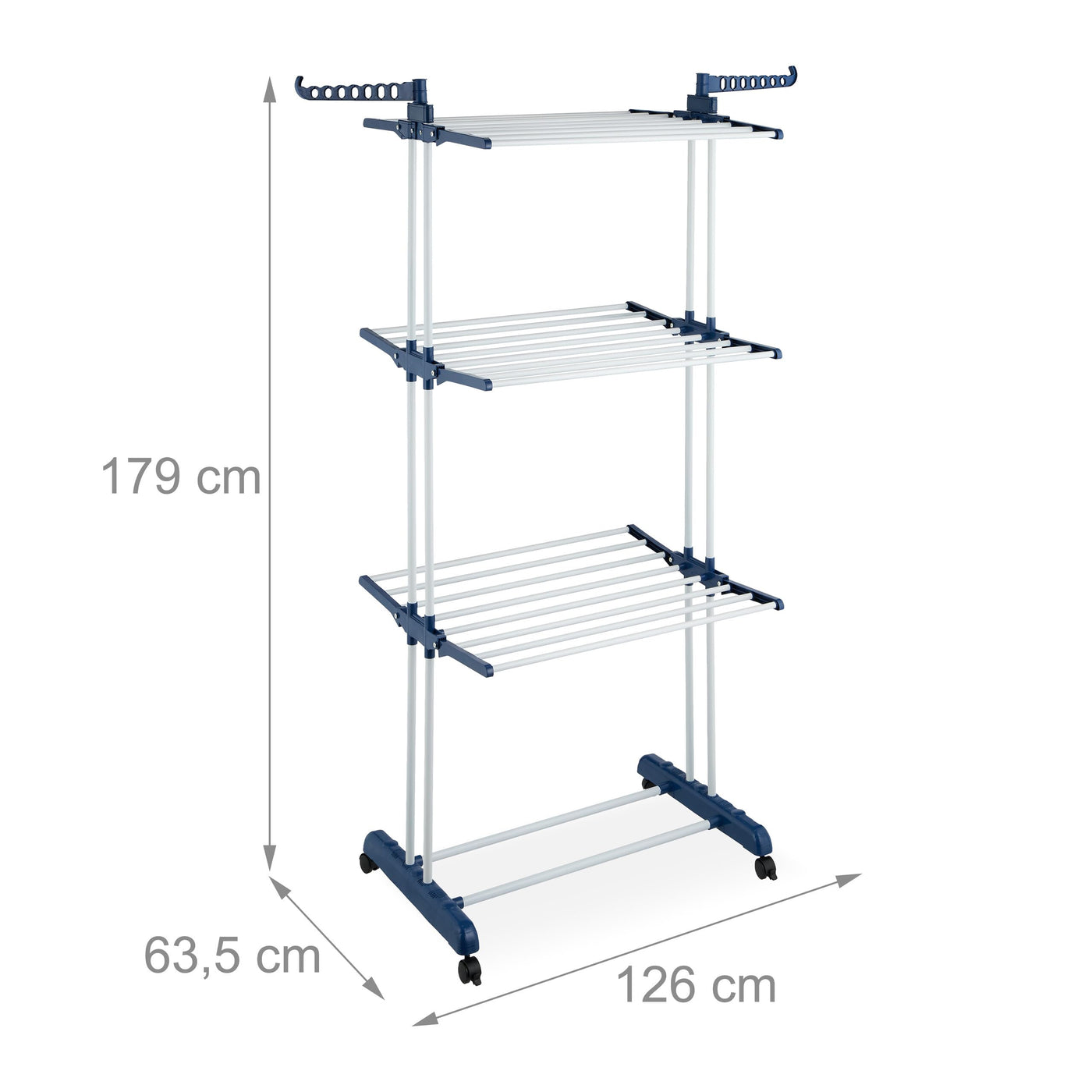 Relaxdays Wäscheständer, ausklappbare Flügel, HBT: 179 x 126 x 63,5 cm, Metall, rollbarer Turmwäscheständer, weiß/blau