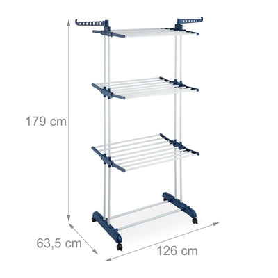 Relaxdays Wäscheständer, ausklappbare Flügel, HBT: 179 x 126 x 63,5 cm, Metall, rollbarer Turmwäscheständer, weiß/blau