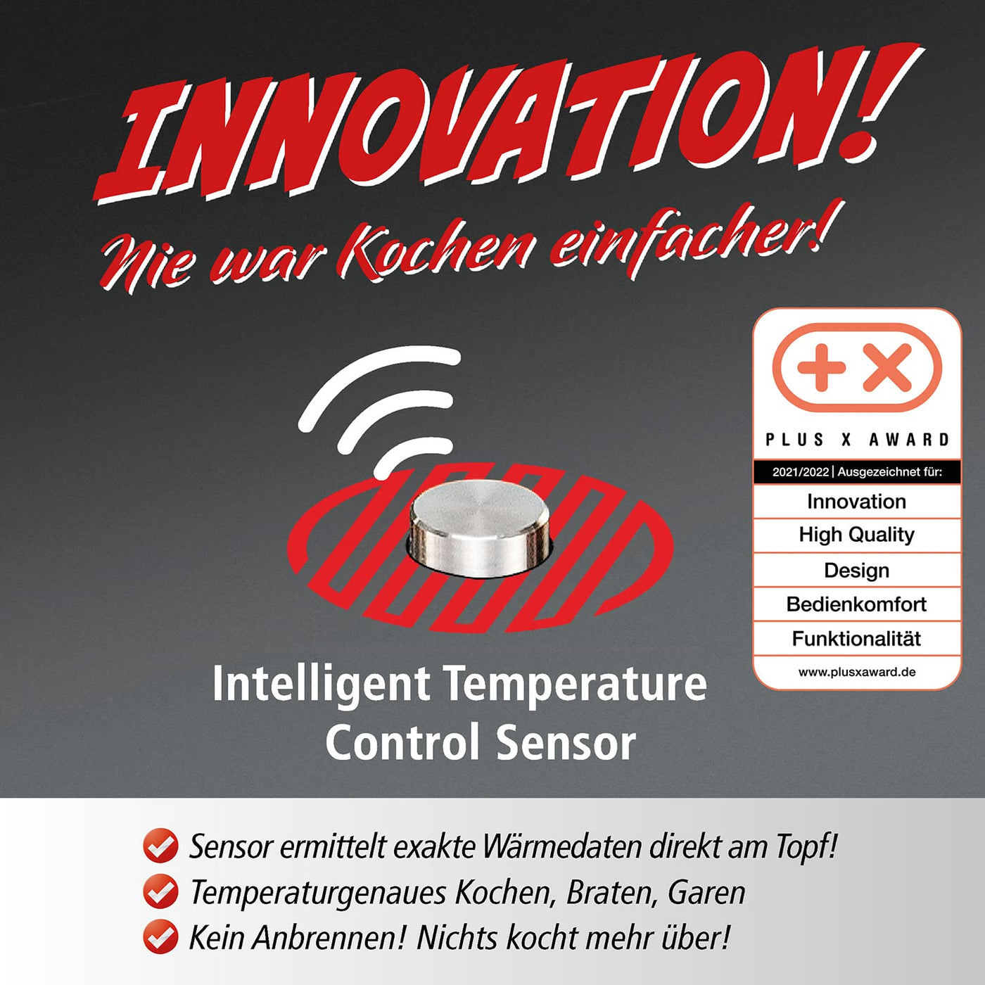 ROMMELSBACHER Einzelkochplatte CTS 2000/IN – Induktion, innovativer Temperatursensor, ersetzt viele Küchengeräte: 6 Programme (z. B. Joghurt, Sous Vide, Frittieren), individuell gradgenau einstellbar