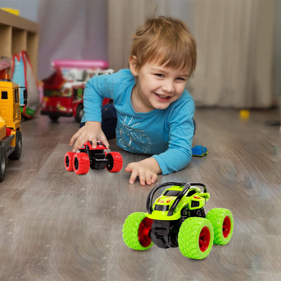 Monster Trucks Spielzeug, Zurückziehen Auto Trägheit Reibungsbetriebene Autos 360 Grad Rotierendes Geländewagen Spielzeugauto für 3-10 Jahre Alte Jungen Mädchen Kinder (2 Stück, Grün Rot)