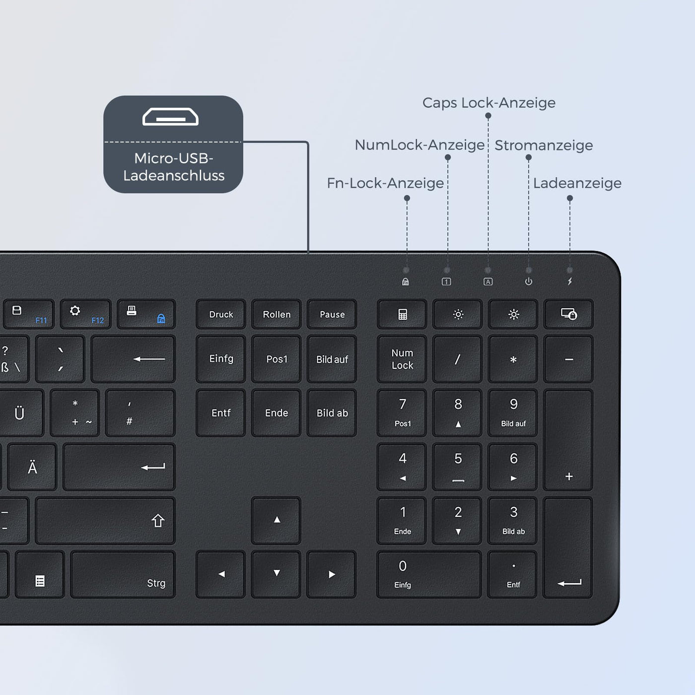 Tastatur Maus Set Kabellos, seenda Ultra-Dünne Wiederaufladbare Funk Tastatur Maus Set, Ergonomische Tastatur Kabellos mit Silikon Staubschutz für PC/Laptop/Smart TV, DE QWERTZ Layout, Schwarz