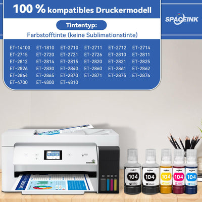 Spaceink Tinte 104 Multipack kompatibel für Epson 104 Tinte ET-4800 ET-4810 ET-2810 ET-2820 ET-2811 ET-2812 ET-2814 ET-2815 ET-2821 ET-2710 ET-2711 ET-2712 Drucker (2Schwarz, C, M, Gelb)