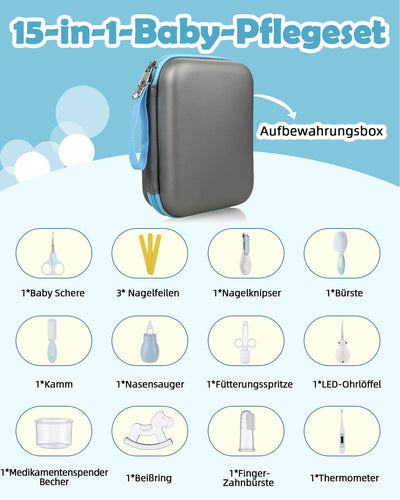 Lictin Babypflegeset 15 teilige Baby Pflegeset Neugeborene mit Fieberthermometer Nasensauger Kamm Nagelschere Baby Erstausstattung Pflegeset für Neugeborene (Grau)