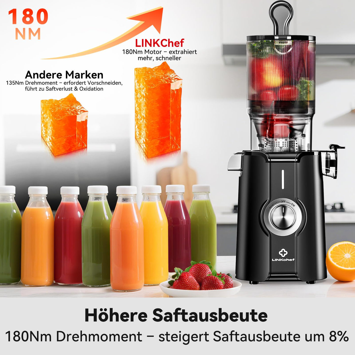 LINKChef Schnellreinigungs Entsafter, NO-Prep Entsafter Gemüse und Obst, Blitzreiniger Saftpresse Slow Juicer Testsieger mit Einfacher Installation, BPA Frei, 115mm, 1.2L, 200w Hellgrün