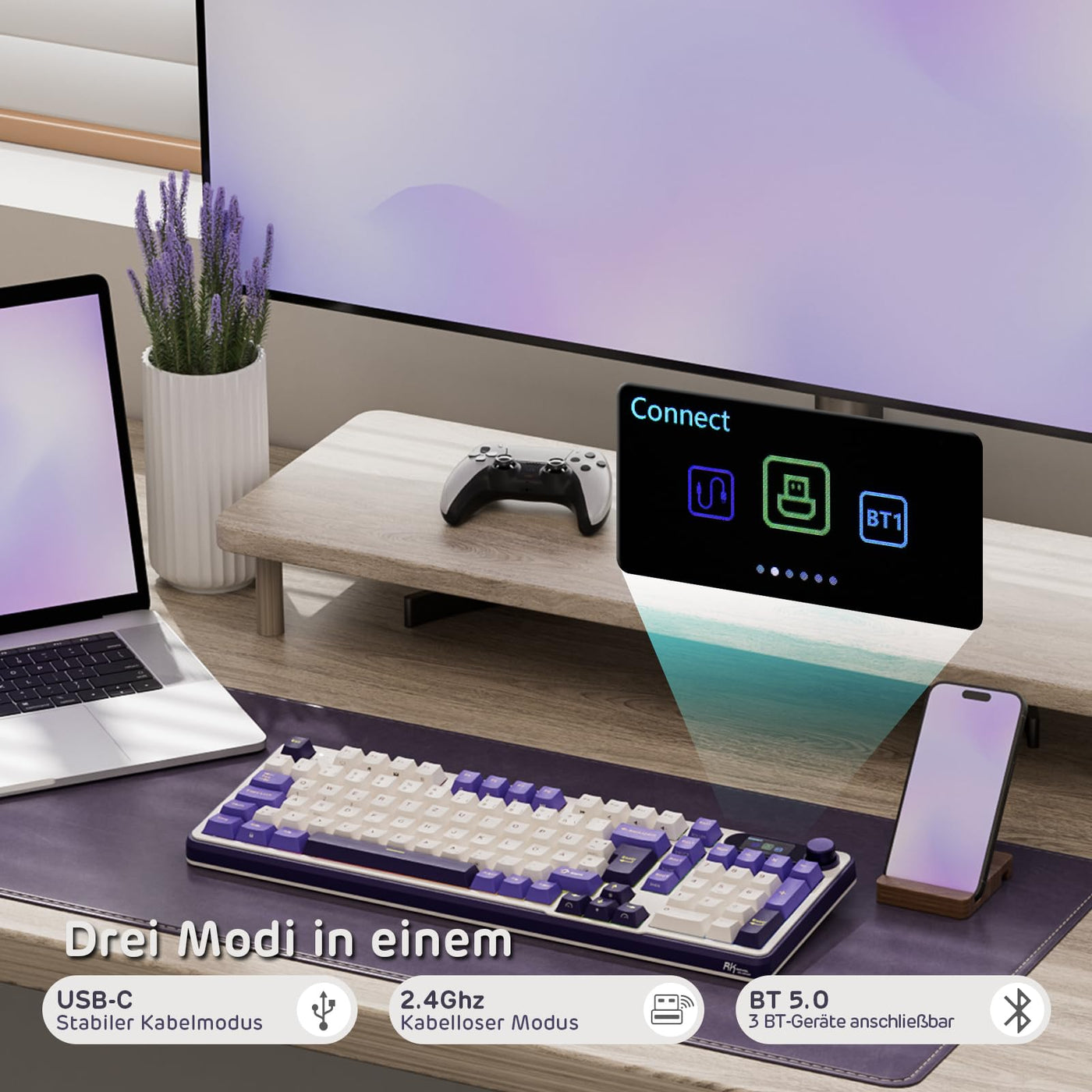 RK ROYAL KLUDGE S98 DE Mechanische Tastatur mit Smart Display & Knopf, Top Mount 96% Kabellose Mechanische Tastatur BT/2.4G/USB-C, Hot-Swap-fähige, Software-Unterstützung, 98 Tasten, QWERTZ