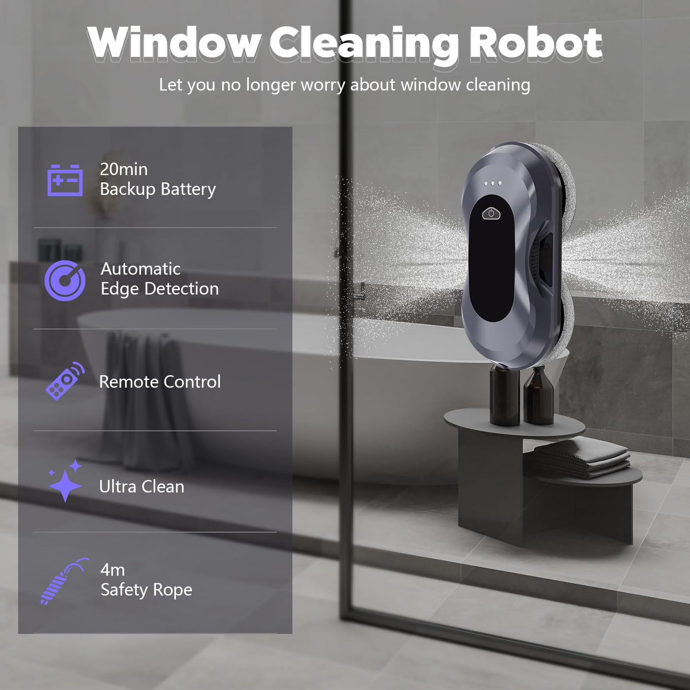 AHWOiHS Fensterputzroboter, Fensterputzer Elektrisch Automatischer Fensterroboter mit Wassersprühfunktion in Zwei Richtungen Fensterreinigungsroboter Fensterreiniger Roboter für Große Außenfenster