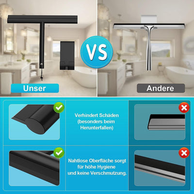 ACMETOP Duschabzieher Schwarz, Abzieher Dusche mit Halter ohne Bohren, Duschabzieher Silikon 23,5 cm, Fensterabzieher für Dusche, Badezimmer, Spiegel, Glas-Reinigung, Streifenfreie