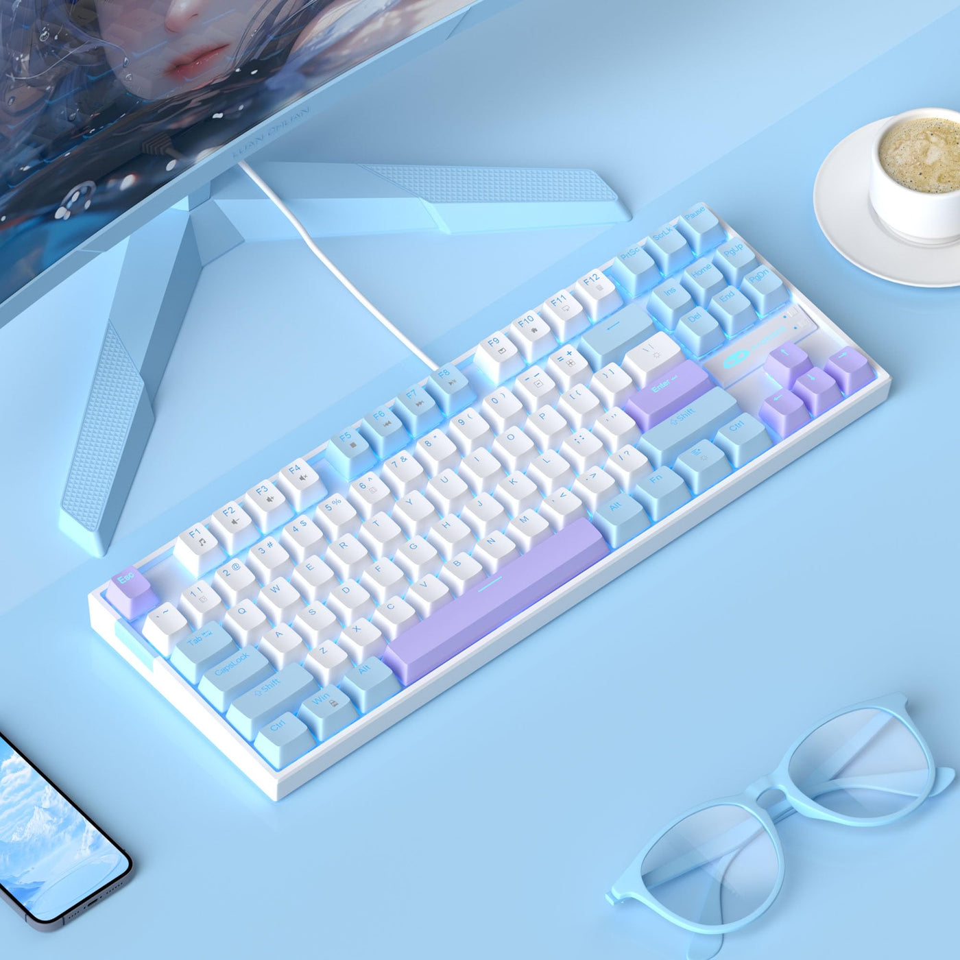 MageGee 75% Mechanische Gaming-Tastatur mit rotem Schalter, LED-Tastatur mit blauer Hintergrundbeleuchtung, kompakte TKL kabelgebundene Computertastatur für Windows Laptop PC Gamer,Weiß/Blau