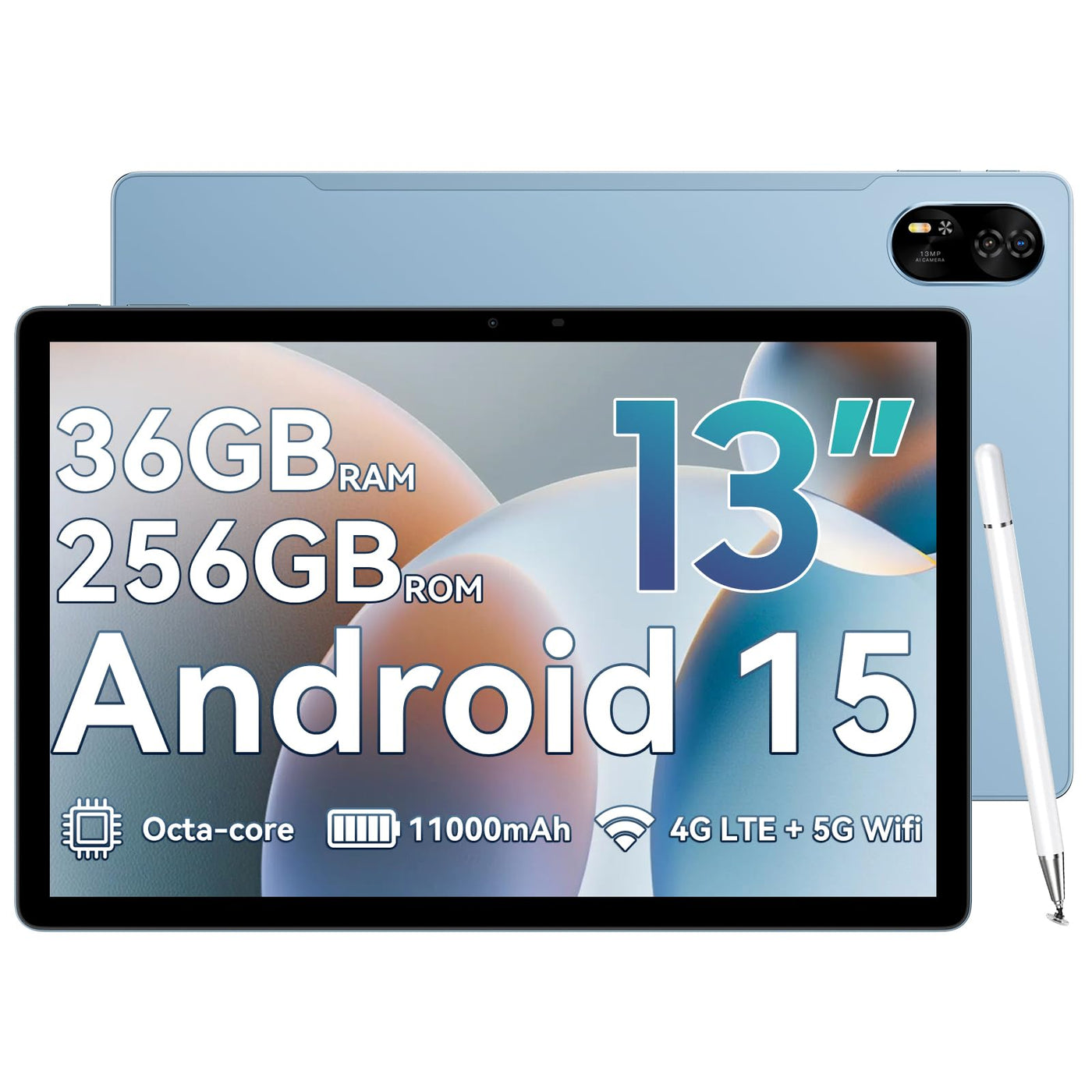 Blackview Tablet Android 15 MEGA8 13 Zoll Tablet mit 36GB RAM+256GB ROM(2TB TF), 50MP+13MP Dual Camera, Dual 4G LTE+5G WiFi 2K FHD Großes Display WideVine L1 Octa Core T620,11000 mAh Akku GPS/Face ID