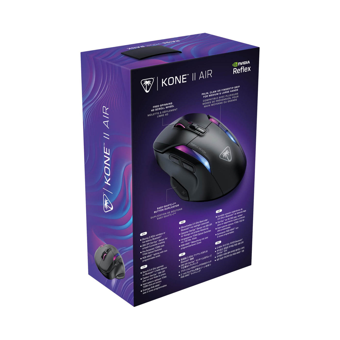 Turtle Beach Kone II Air – Kabellose, ergonomische RGB-Gaming-Maus, 350-Stunden-Akku, optischer 26K DPI Sensor, 21 programmierbare Funktionen, 4D-Free-Spin-Scroll-Rad, Schwarz