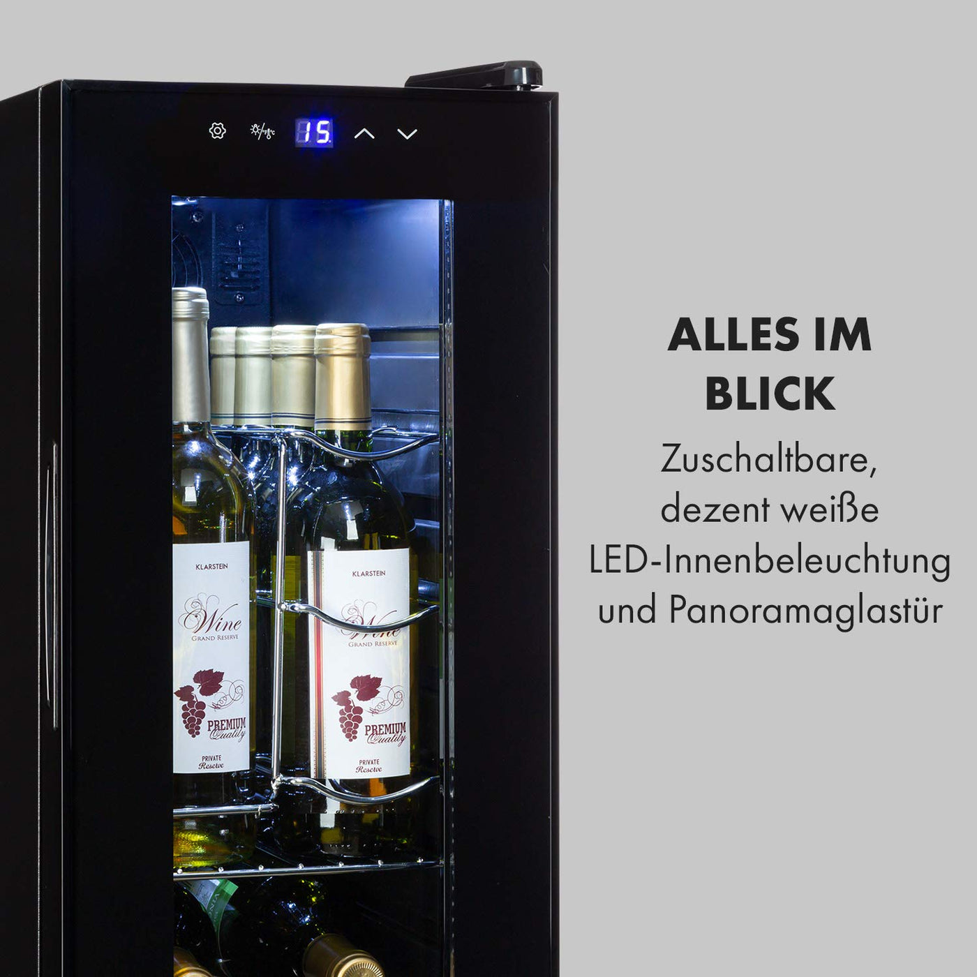 Klarstein Weinkühlschrank, 1 Zonen Getränkekühlschrank Klein, Kleiner Weinschrank 32L, Wein-Kühlschrank Klein mit Glastür, Indoor/Outdoor Flaschenkühlschrank, Wine Fridge 5-18°C, 12 Flaschen