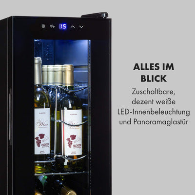 Klarstein Weinkühlschrank, 1 Zonen Getränkekühlschrank Klein, Kleiner Weinschrank 32L, Wein-Kühlschrank Klein mit Glastür, Indoor/Outdoor Flaschenkühlschrank, Wine Fridge 5-18°C, 12 Flaschen