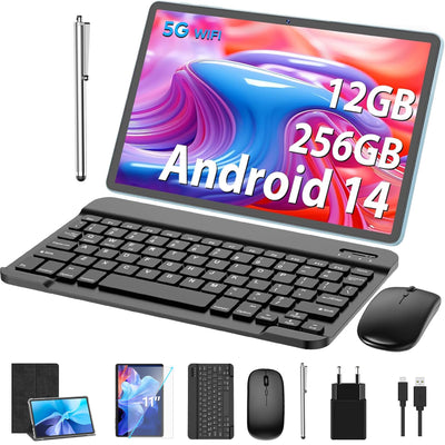 JJGJ Android Tablets,11 Zoll Tablet Android 14 mit Tastatur, 12GB+256GB, 1TB Expand, Octa-Core, 8000mAh, 2.4G/5G WiFi, 13MP+5MP Kamera, 2 in 1 mit Tastatur Tasche, Maus, Stylus(Schwarz)