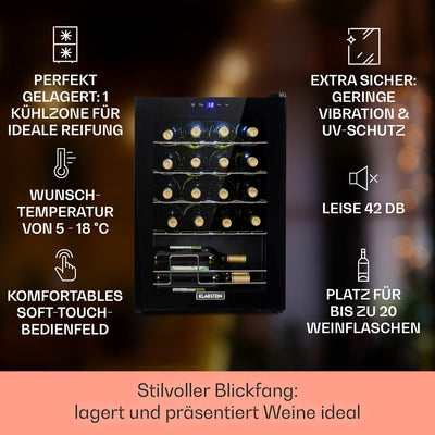 Klarstein Weinkühlschrank, 1 Zonen Getränkekühlschrank Klein, Kleiner Weinschrank 53L, Wein-Kühlschrank Klein mit Glastür, Indoor/Outdoor Flaschenkühlschrank, Wine Fridge 5-18°C, 20 Flaschen
