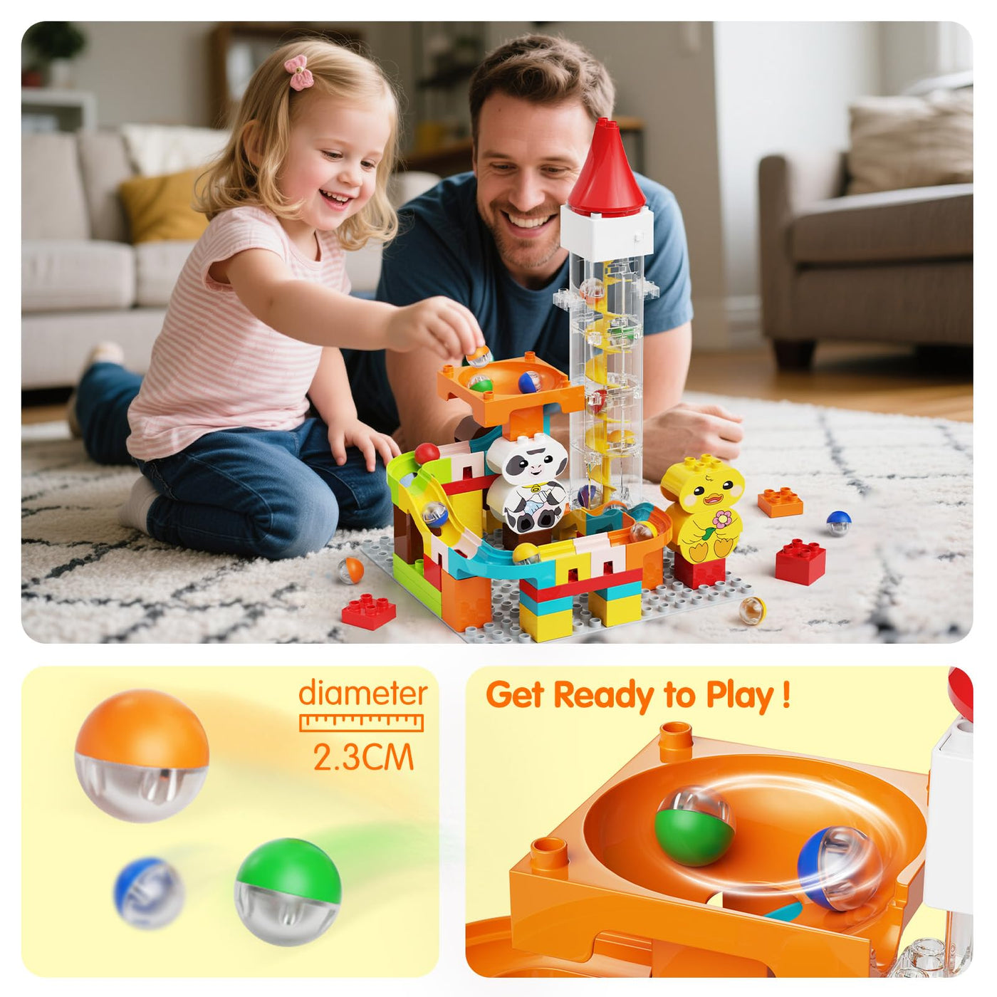 burgkidz Murmelbahn Bauklötze, Motorisierter Aufzug Kugelbahnen mit Niedlichem Tier Konstruktionsspielzeug, 4-in-1 Konfiguration Murmellabyrinth Set, Geschenk für Kinder von 3-7 Jahren, 92 teiliges