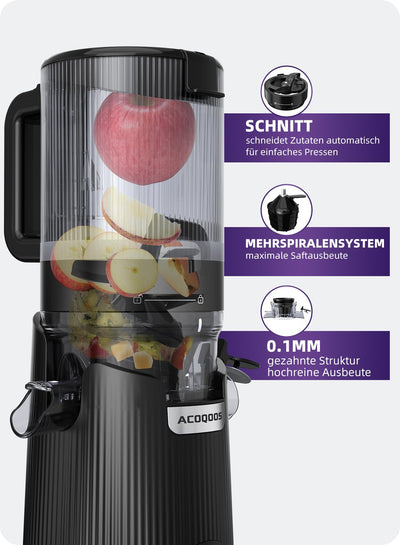 ACOQOOS Entsafter, Entsafter für Ganze Gemüse und Obst, 135 mm Breite und Größere Fütterungsröhre, 1,8 L Füllvolumen, Leicht zu Reinigender Slow Juicer mit 2 Gläsern, Elektrische Saftpresse Schwarz