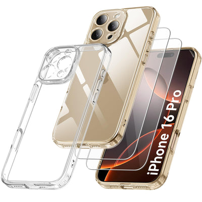 Qasyfanc Handyhülle Kompatibel mit iPhone 16 Pro Hülle mit Kameraschutz und 2 Stück Schutzfolie, Hard PC Nie Vergilbung Case Transparent Militärschutz Kratzfest Fallschutz Schutzhülle, Klar
