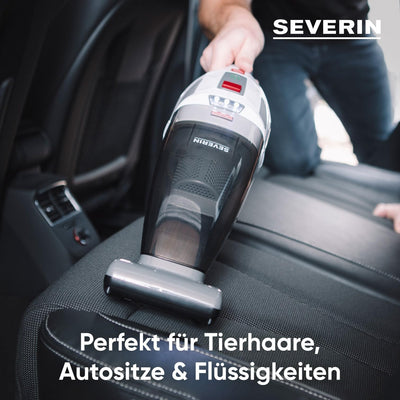 SEVERIN 4-in-1 Akku-Handstaubsauger, kabelloser Nass- & Trockensauger für Autositze, Handsauger für Tierhaare & Flüssigkeiten, bis zu 30 Min Laufzeit, weiß-grau/rot, HV 7146