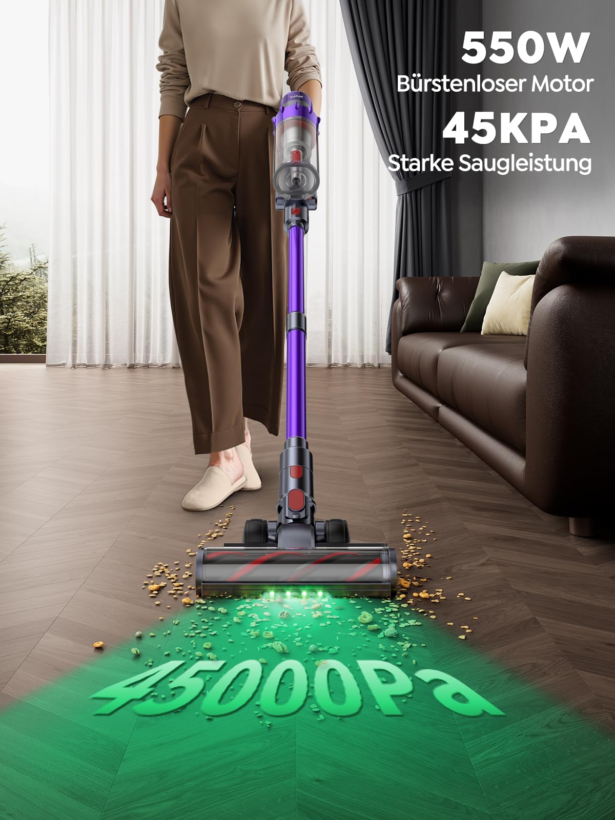 SMOTURE Akku Staubsauger, 550W 45KPA 60 Min. Laufzeit Selbststehender Staubsauger für Zuhause, Staubsauger Kabellos mit Wandmontierte Ladestation,Automatikmodus,Abnehmbare Akku,Touchscreen