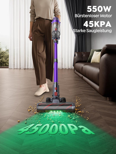 SMOTURE Akku Staubsauger, 550W 45KPA 60 Min. Laufzeit Selbststehender Staubsauger für Zuhause, Staubsauger Kabellos mit Wandmontierte Ladestation,Automatikmodus,Abnehmbare Akku,Touchscreen