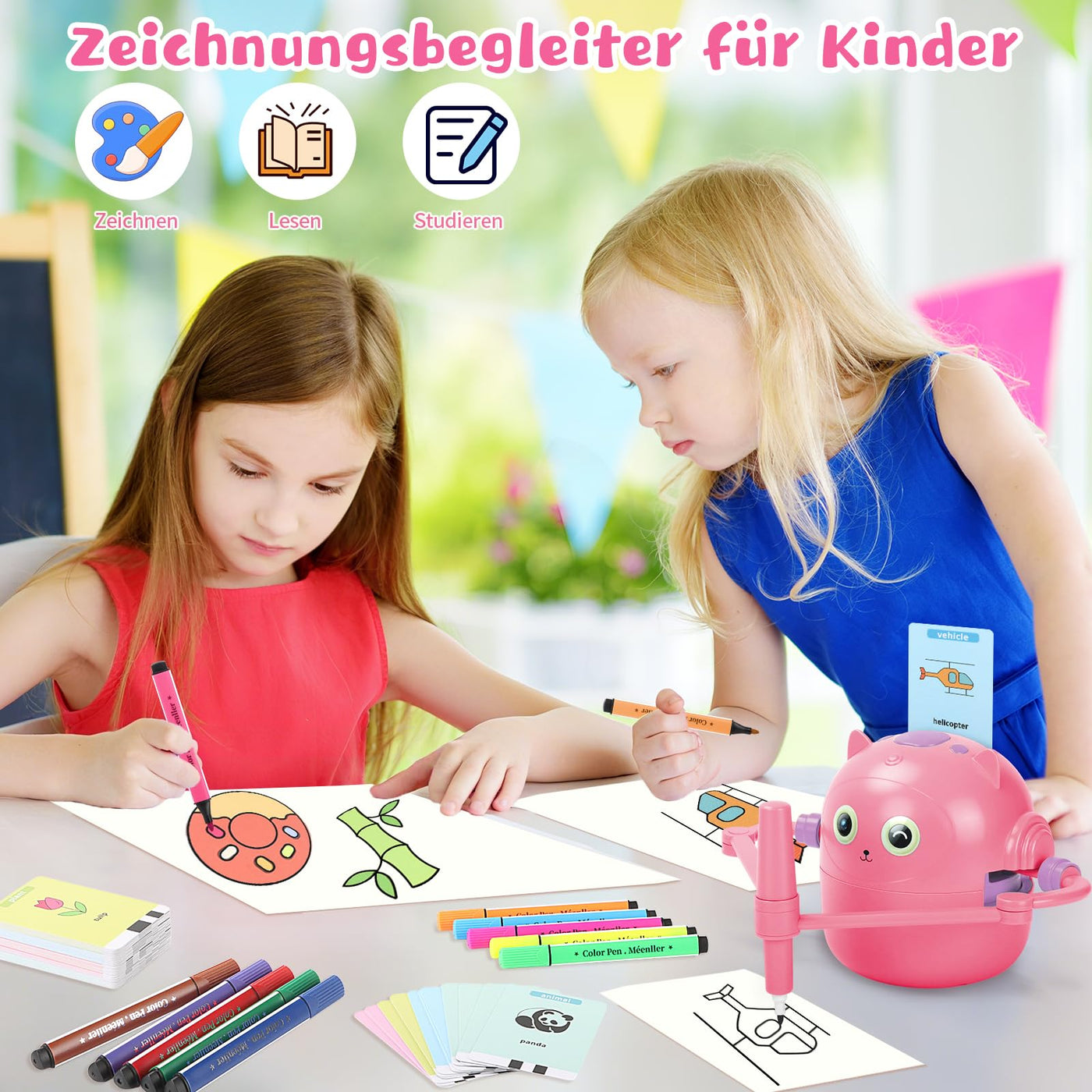 Charmofun Malroboter für Kinder, Zeichenroboter Kinder mit Stift & 100 Karten, Drawing Robot zur Frühkindliche Bildung, Sprachinteraktiver Lernspielzeug für Jungen Mächen ab 3 Jahren (Rosa)