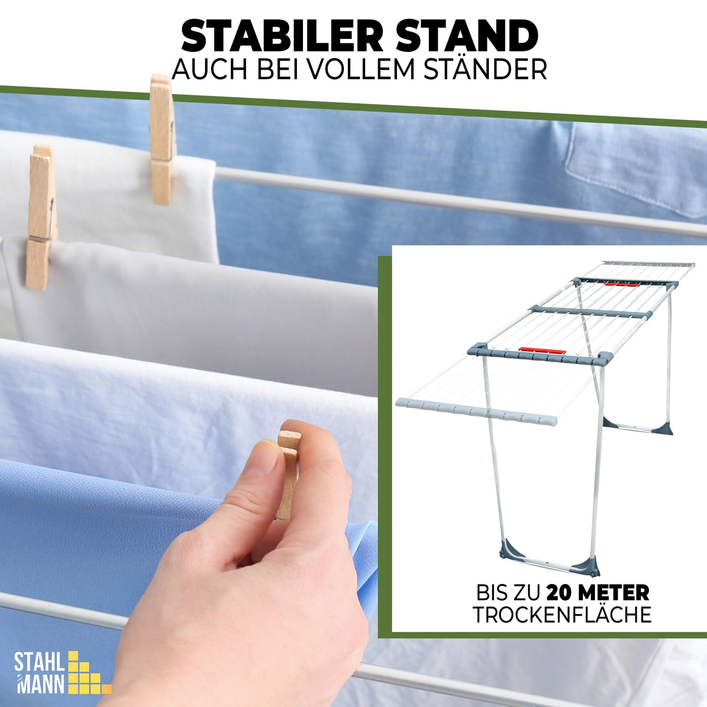 STAHLMANN ® Wäscheständer ausziehbar [20M Trockenfläche ] Made IN EU - Wäscheständer XXL - Wäscheständer mit Klemmen für kleine Wäschestücke - Wäscheständer platzsparend