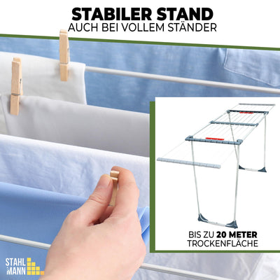 STAHLMANN ® Wäscheständer ausziehbar [20M Trockenfläche ] Made IN EU - Wäscheständer XXL - Wäscheständer mit Klemmen für kleine Wäschestücke - Wäscheständer platzsparend