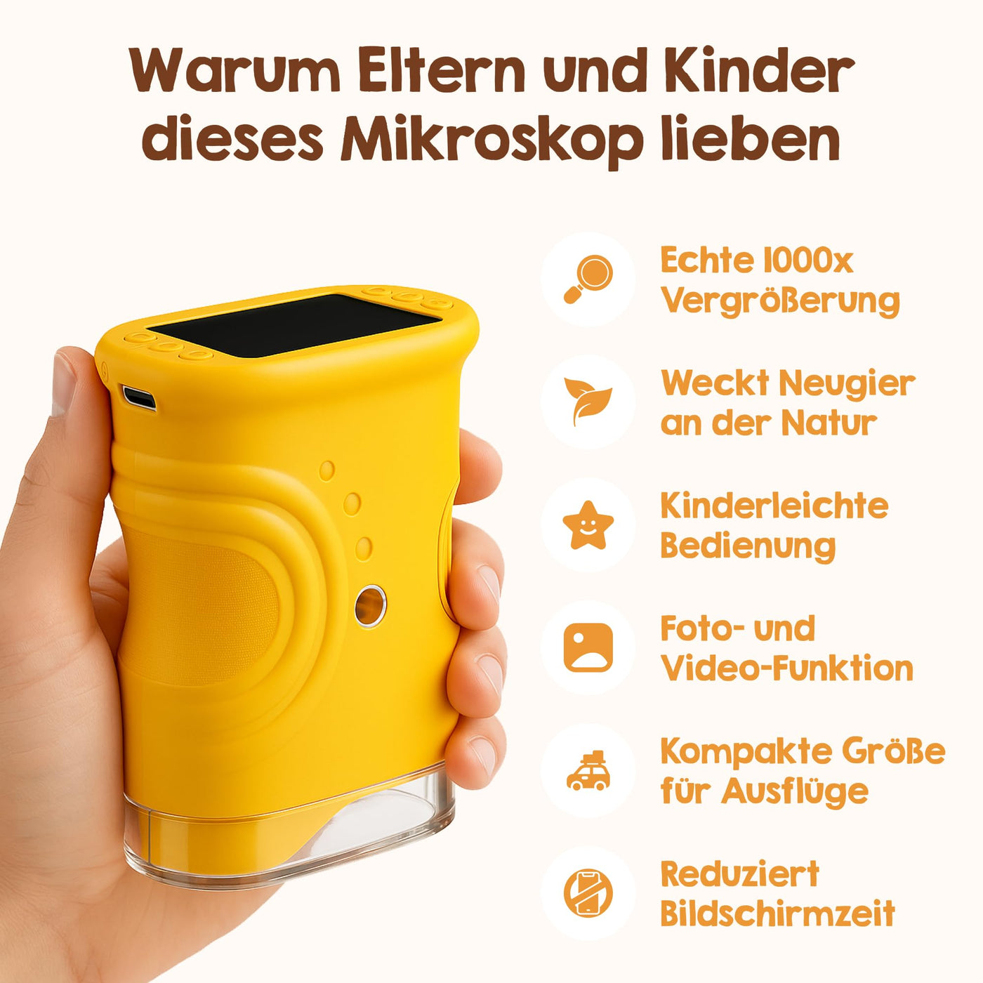 Edubini Digitales Mikroskop für Kinder [1000-fache Vergrößerung] - Tragbares Taschenmikroskop für Garten, Wald & Experimente - Kindermikroskop Spielzeug mit digitalem HD-Bildschirm [inkl Fotofunktion]