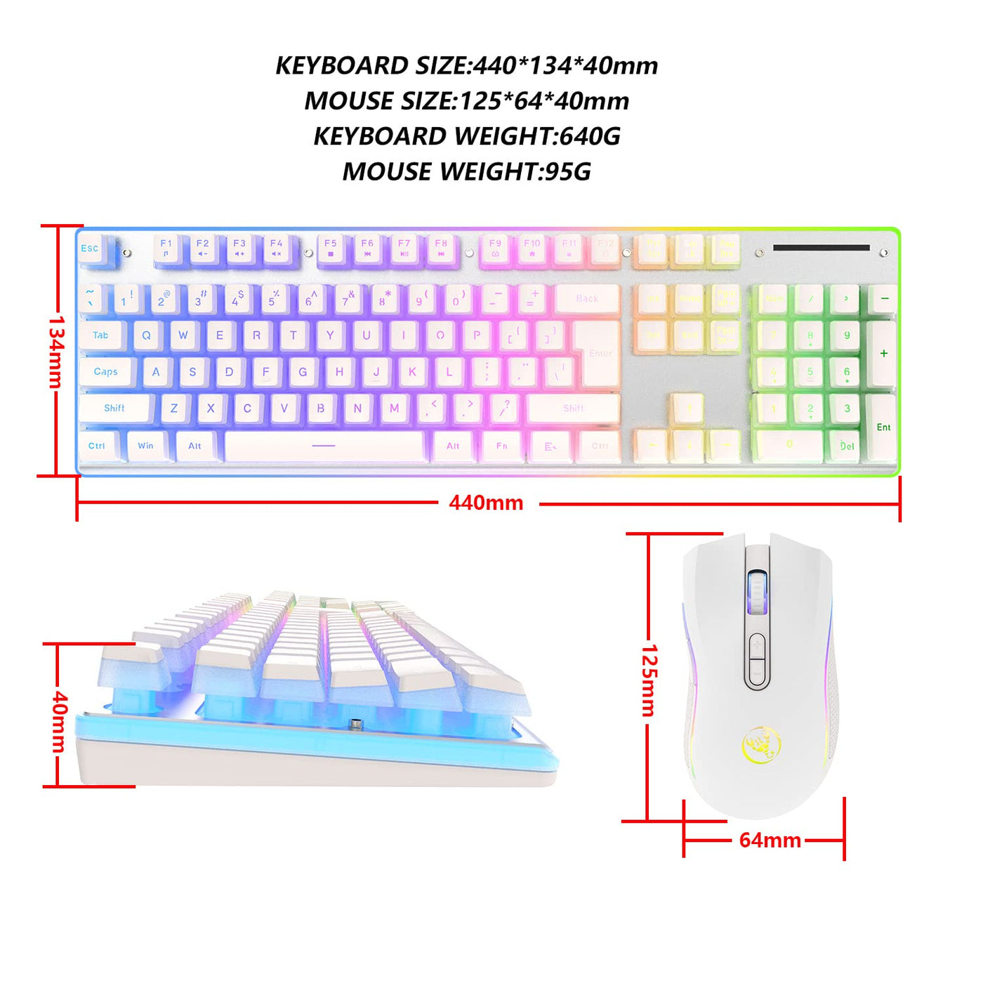 MAMBASNAKE L96 Kabellose Tastatur Und Maus Kombination, Wiederaufladbare 3000-mAh-RGB-Tastatur in Voller Größe Mit Pudding-Tastenkappen, Optische Mäuse Mit 4800DPI, Mechanische Tastatur Und Maus-Weiss