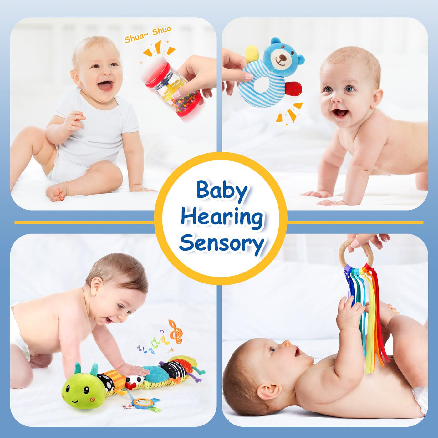 Joyreal Baby Spielzeug 0-6 Monate, 10-teiliges Set für Neugeborene Sensorikspielzeug, Baby Raupe Musikspielzeug, Rasseln, Bänder, Tummy Time Toys, Geschenk von 3, 6, 9 Monaten