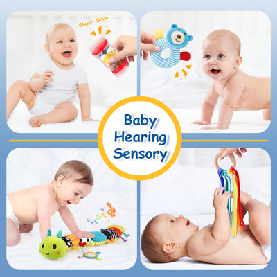 Joyreal Baby Spielzeug 0-6 Monate, 10-teiliges Set für Neugeborene Sensorikspielzeug, Baby Raupe Musikspielzeug, Rasseln, Bänder, Tummy Time Toys, Geschenk von 3, 6, 9 Monaten