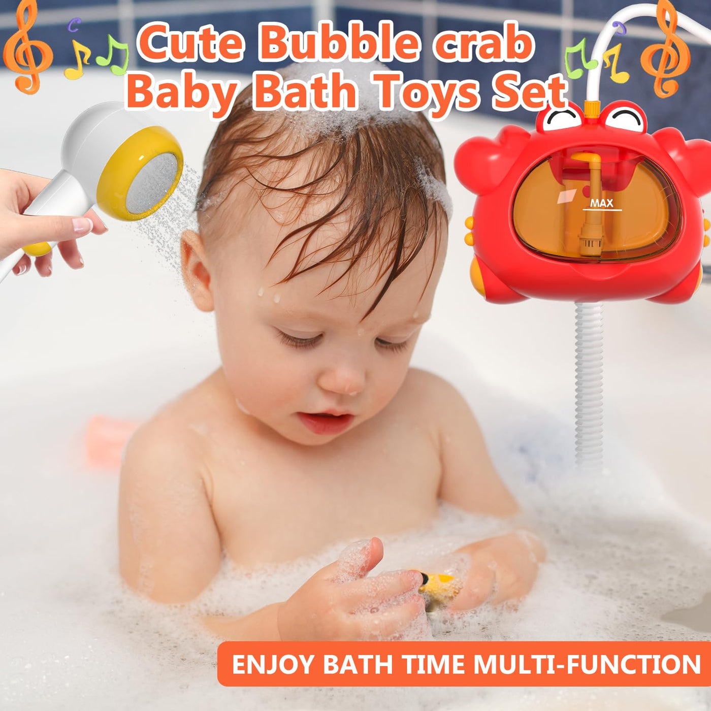Badewannenspielzeug, Krabbe Badespielzeug Bubble mit Musik, Duschkopf, Badespielzeug Baby ab 1 2 3 4 Jahr, Geschenke fur Jungen und Madchen (Rot)