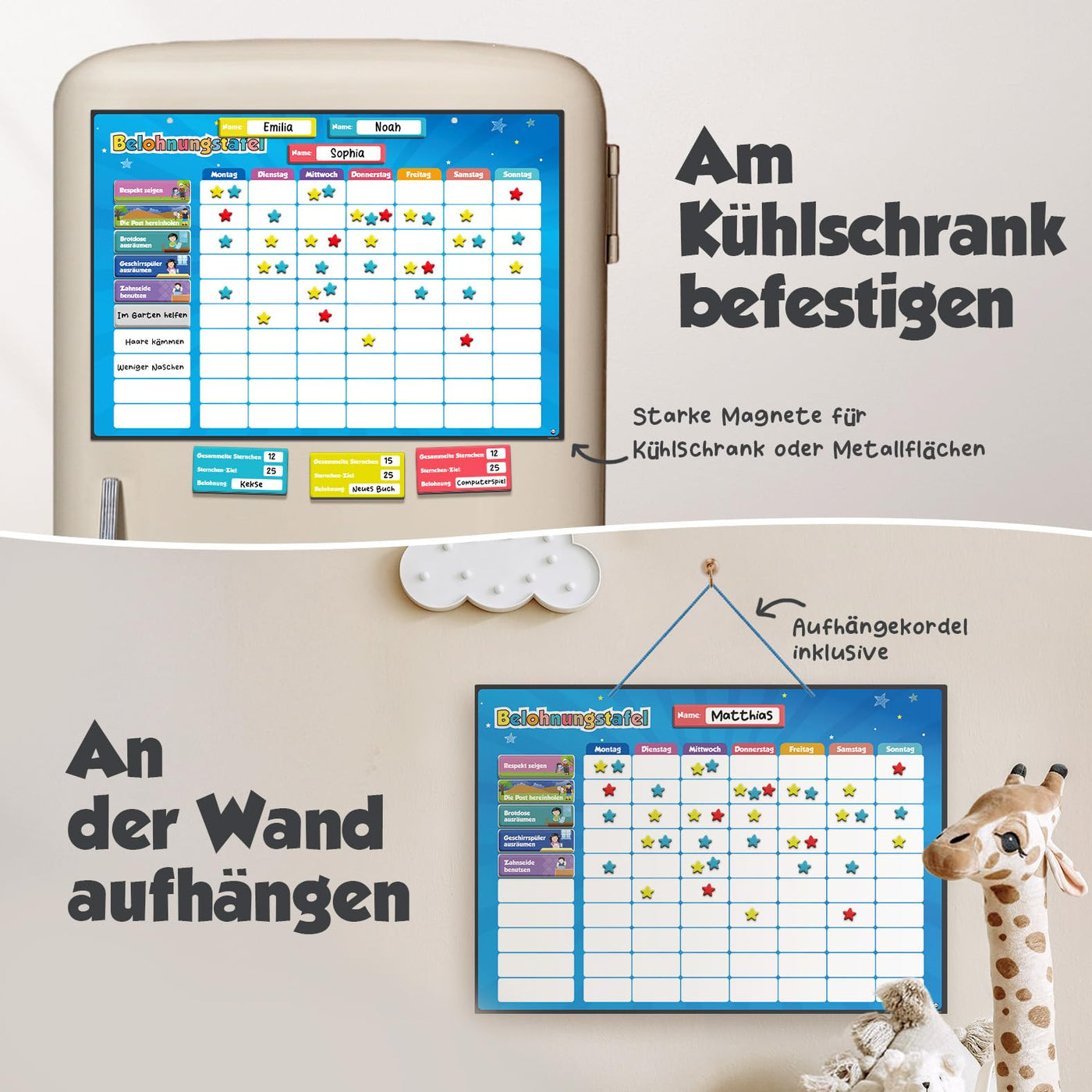 Smart Panda Belohnungstafel für Kinder – 80+ AUFGABEN + 380 Magnete - Belohnungssystem für Verantwortung - Montessori Aufgabenplaner, Magnettafel, Routinchen Wochenplaner Kinder, ab 3 4 5 6 7 8 Jahre