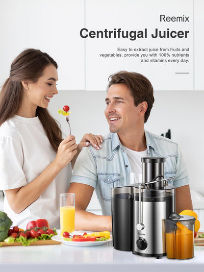 Reemix Entsafter Gemüse und Obst, Max Juicer Machine aus Edelstahl mit 3 Geschwindigkeitsstufen, 65mm Großem Mund Zufuhrschacht Zentrifugal Entsafter